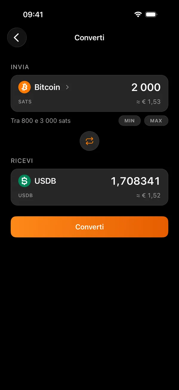 La schermata di conversione di Voltz, tra bitcoin e un token