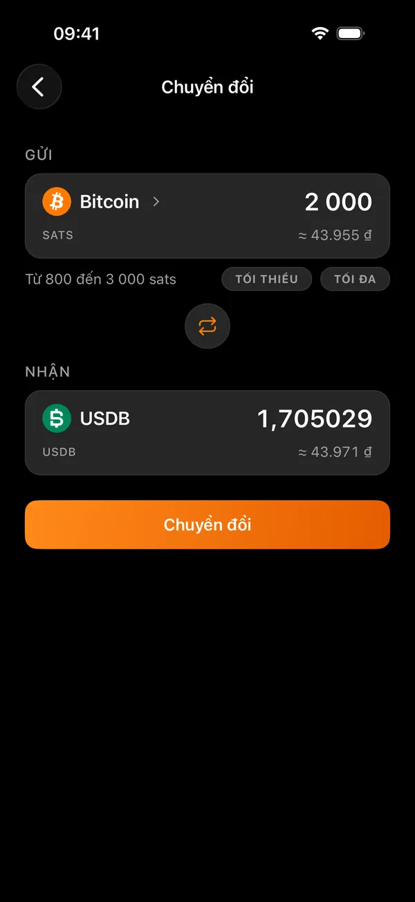 Màn hình chuyển đổi của Voltz, giữa bitcoin và một token