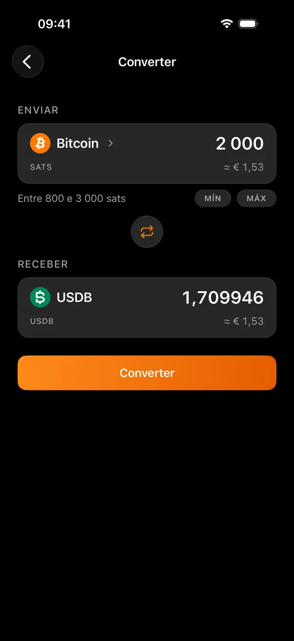 O ecrã de conversão da Voltz, entre bitcoin e um token