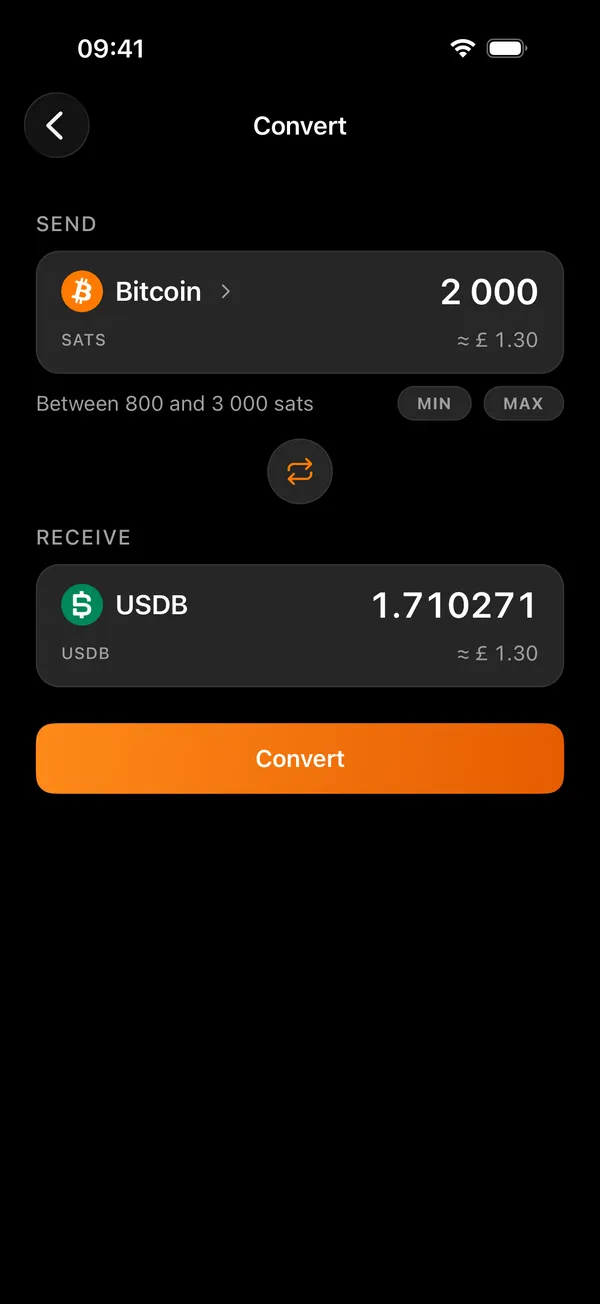 The Voltz convert screen, between bitcoin and a token
