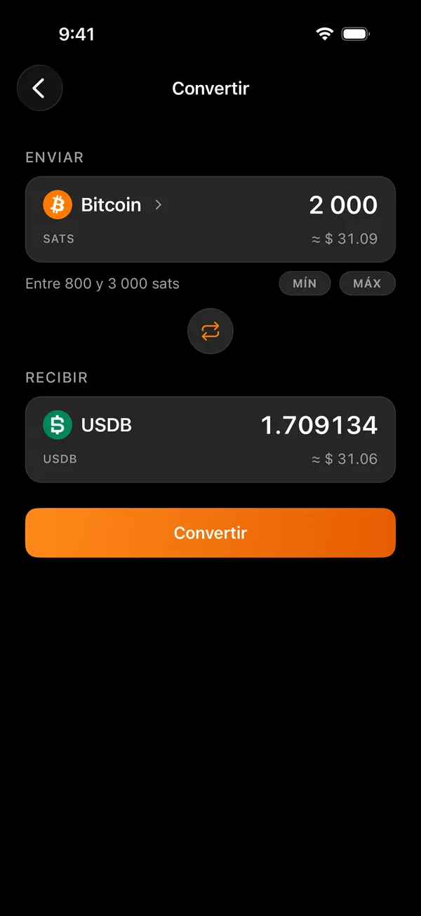 La pantalla de conversión de Voltz, entre bitcoin y un token