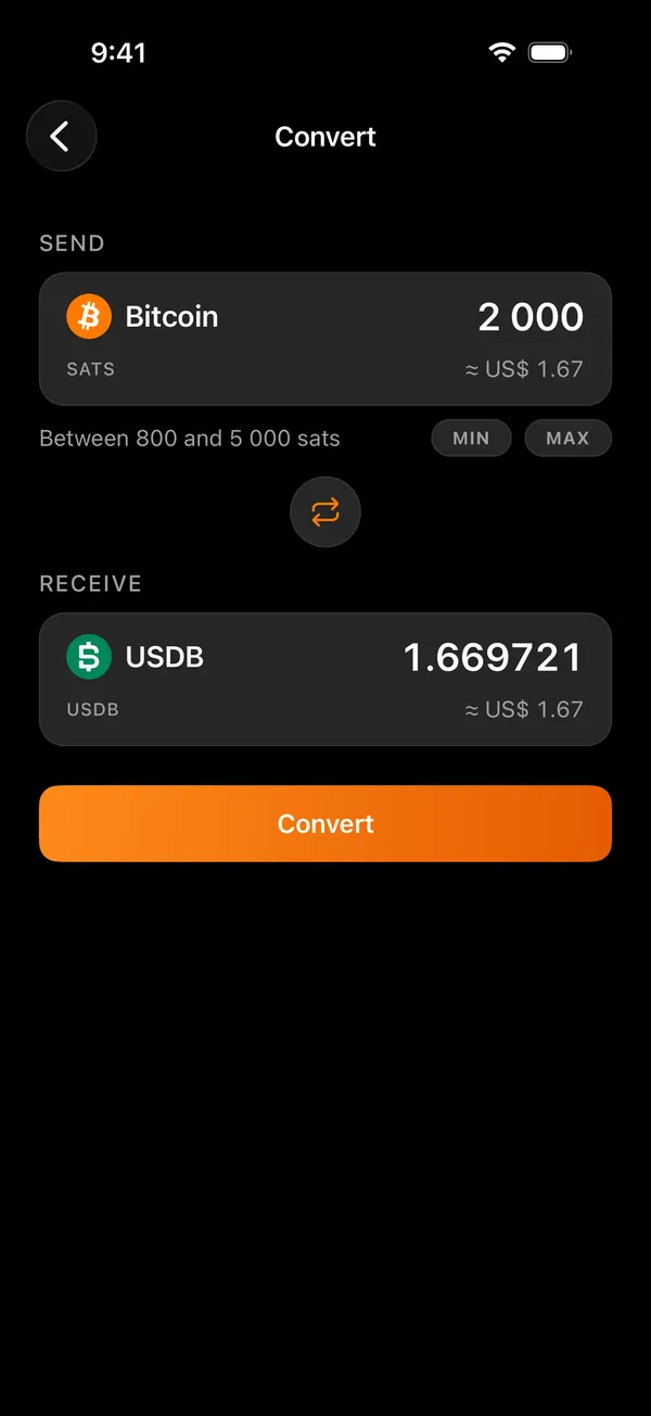 The Voltz convert screen, between bitcoin and a token
