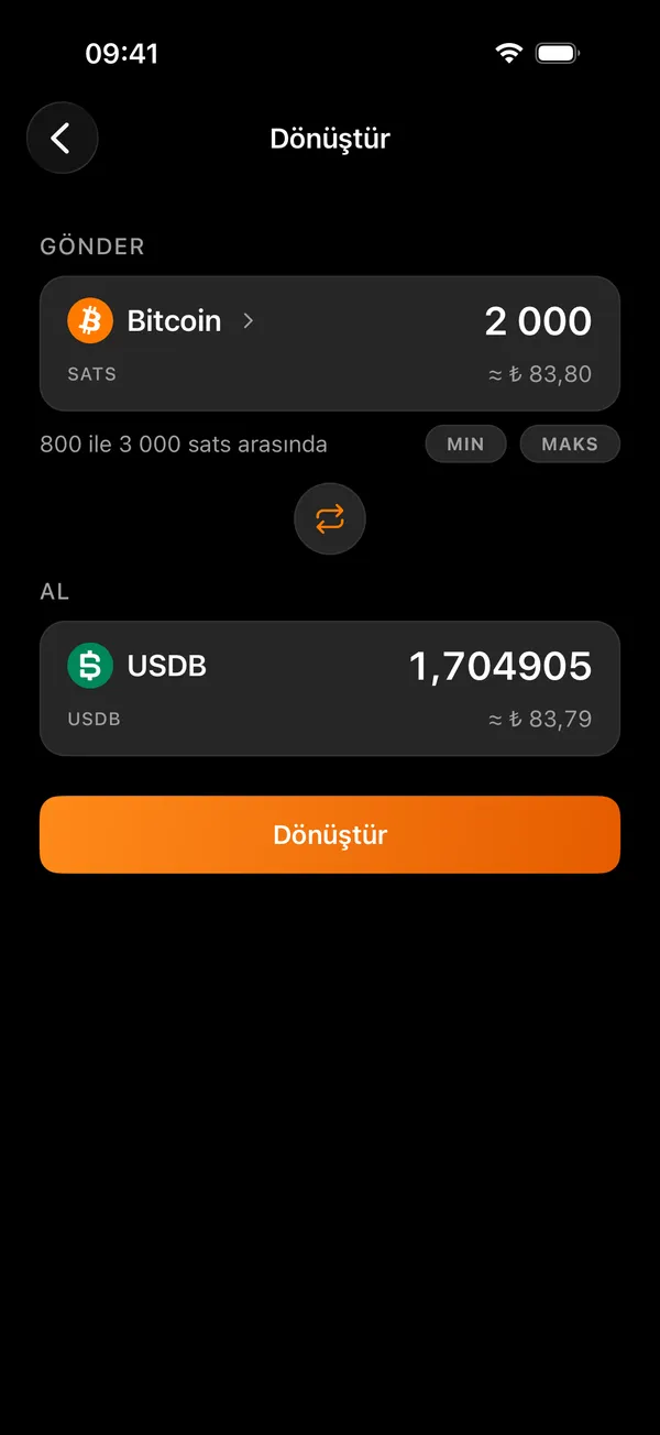 Bitcoin ile bir token arasında Voltz dönüştürme ekranı