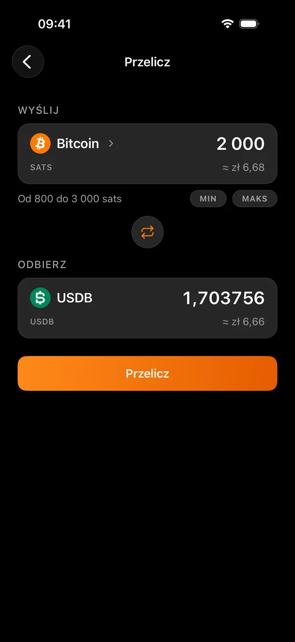 Ekran przeliczania w Voltz, między bitcoinem a tokenem
