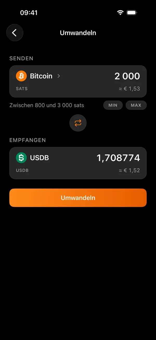 Der Umwandeln-Bildschirm von Voltz, zwischen Bitcoin und einem Token