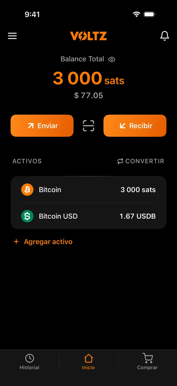 La pantalla de inicio de Voltz con el saldo y los activos
