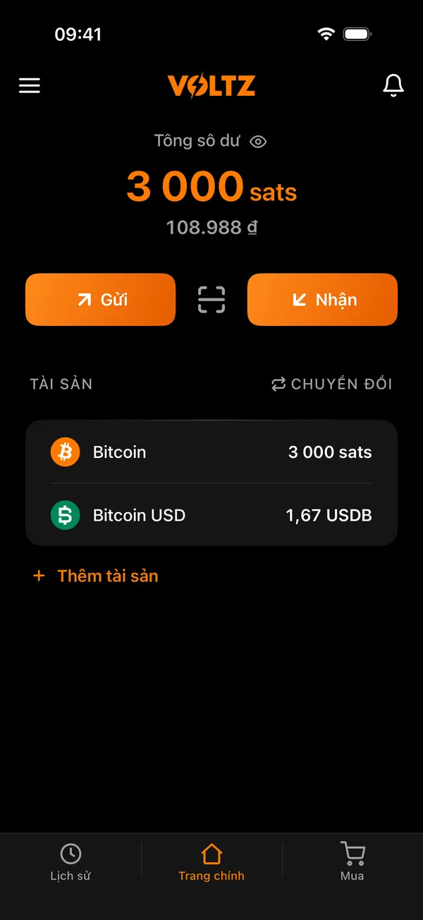 Màn hình chính của Voltz với số dư và các tài sản
