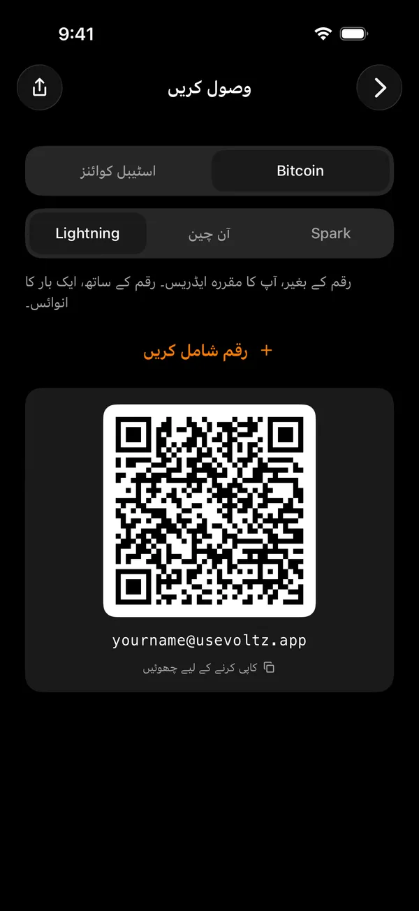 Voltz کی وصولی والی اسکرین، جو رقم پوچھ رہی ہے