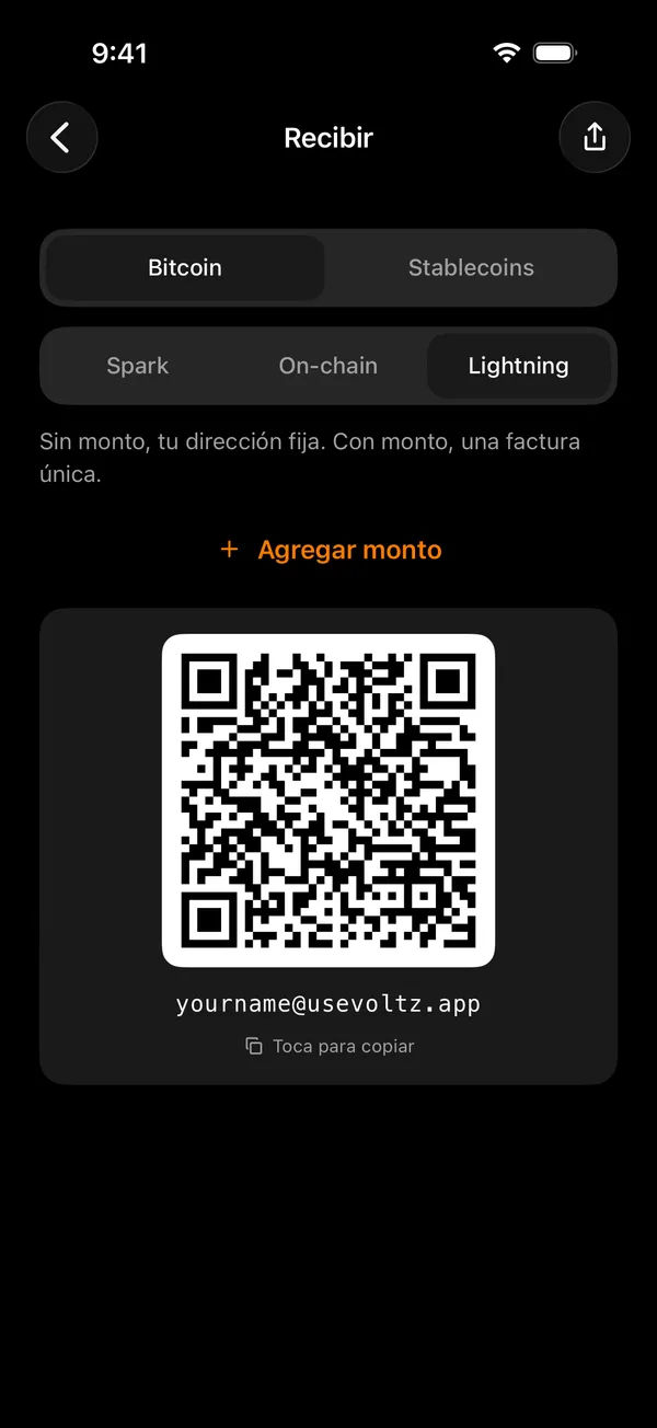 La pantalla Recibir de Voltz, que pide un monto