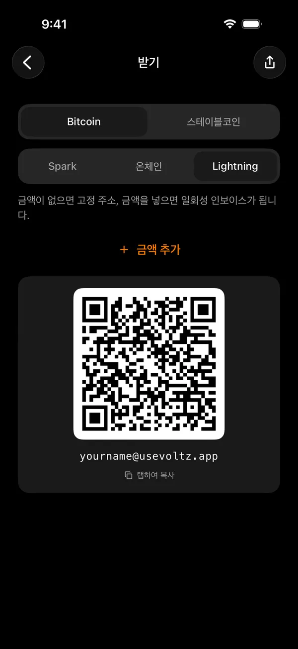 금액을 묻는 Voltz 받기 화면