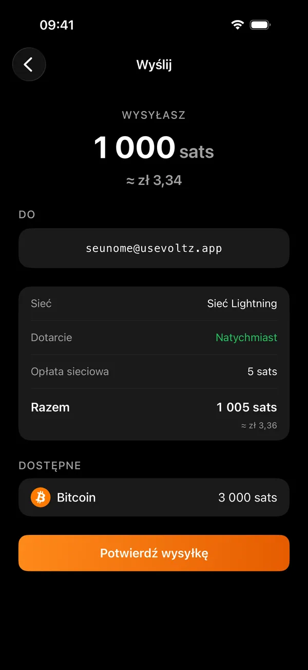 Ekran wysyłania w Voltz, gdzie wkleja się fakturę lub adres